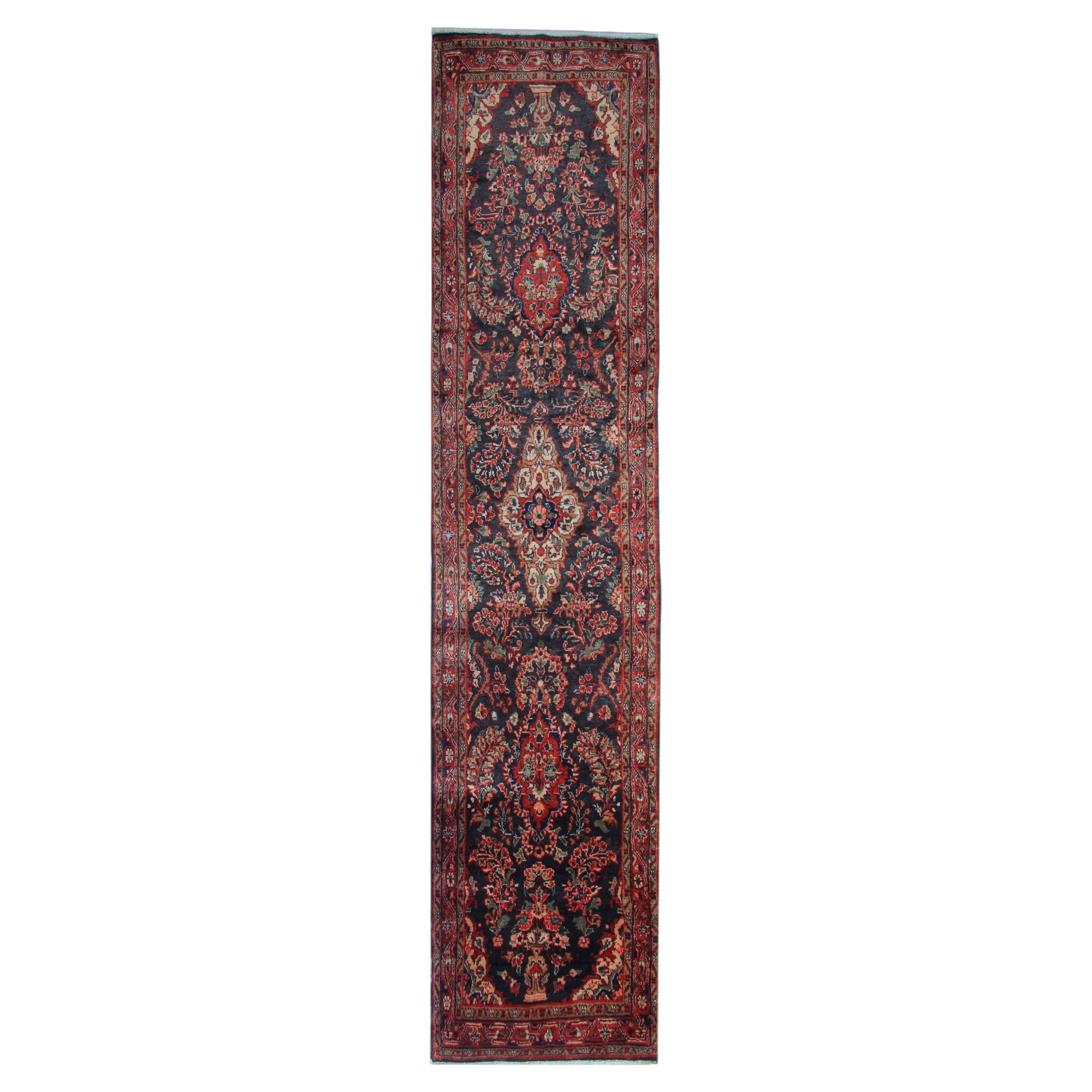 Long Vintage Oriental Runner Rug, Herati Wool Handwoven Hallway Carpet, 85 x 365