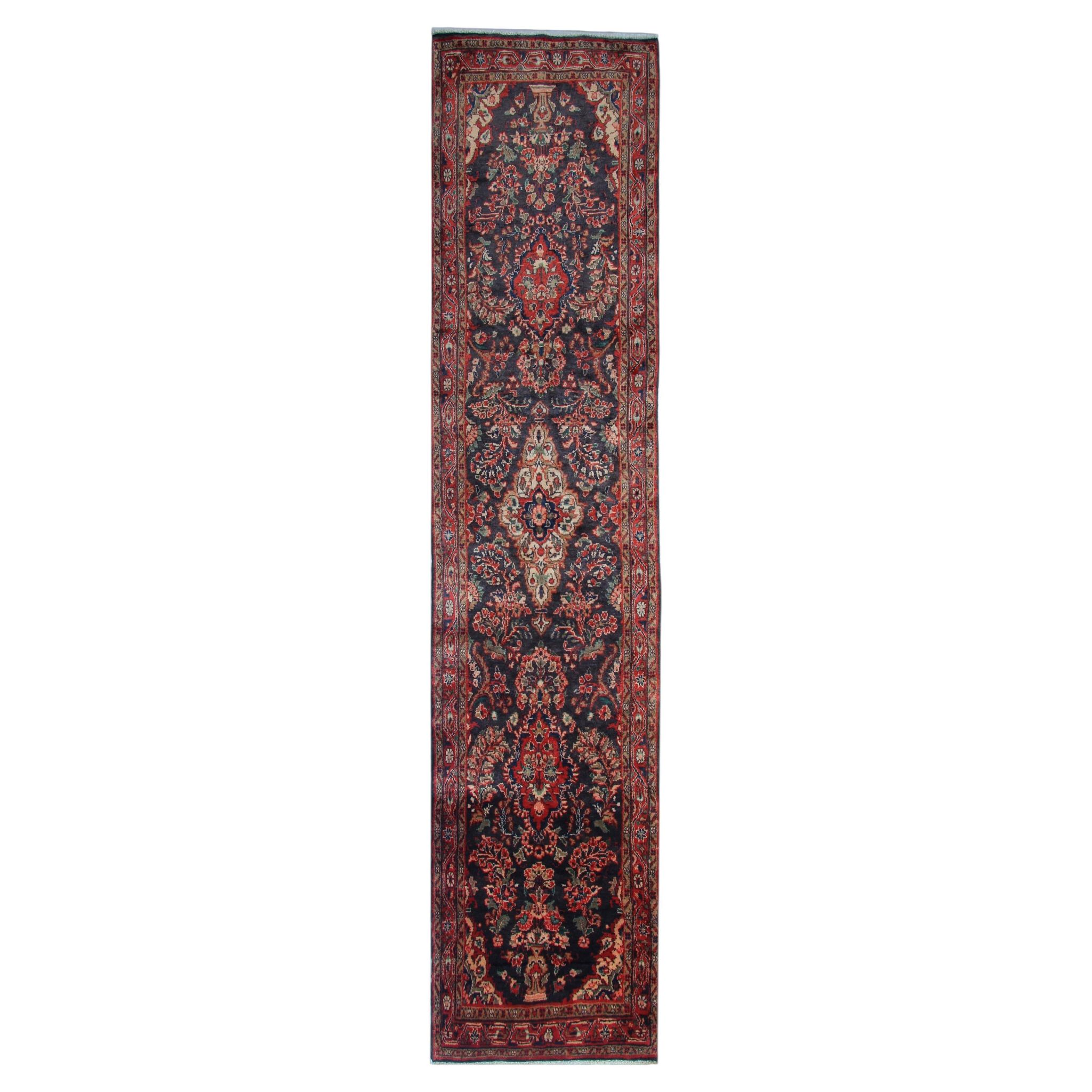 Long Vintage Oriental Runner Rug, Herati Wool Handwoven Hallway Carpet, 85 x 365
