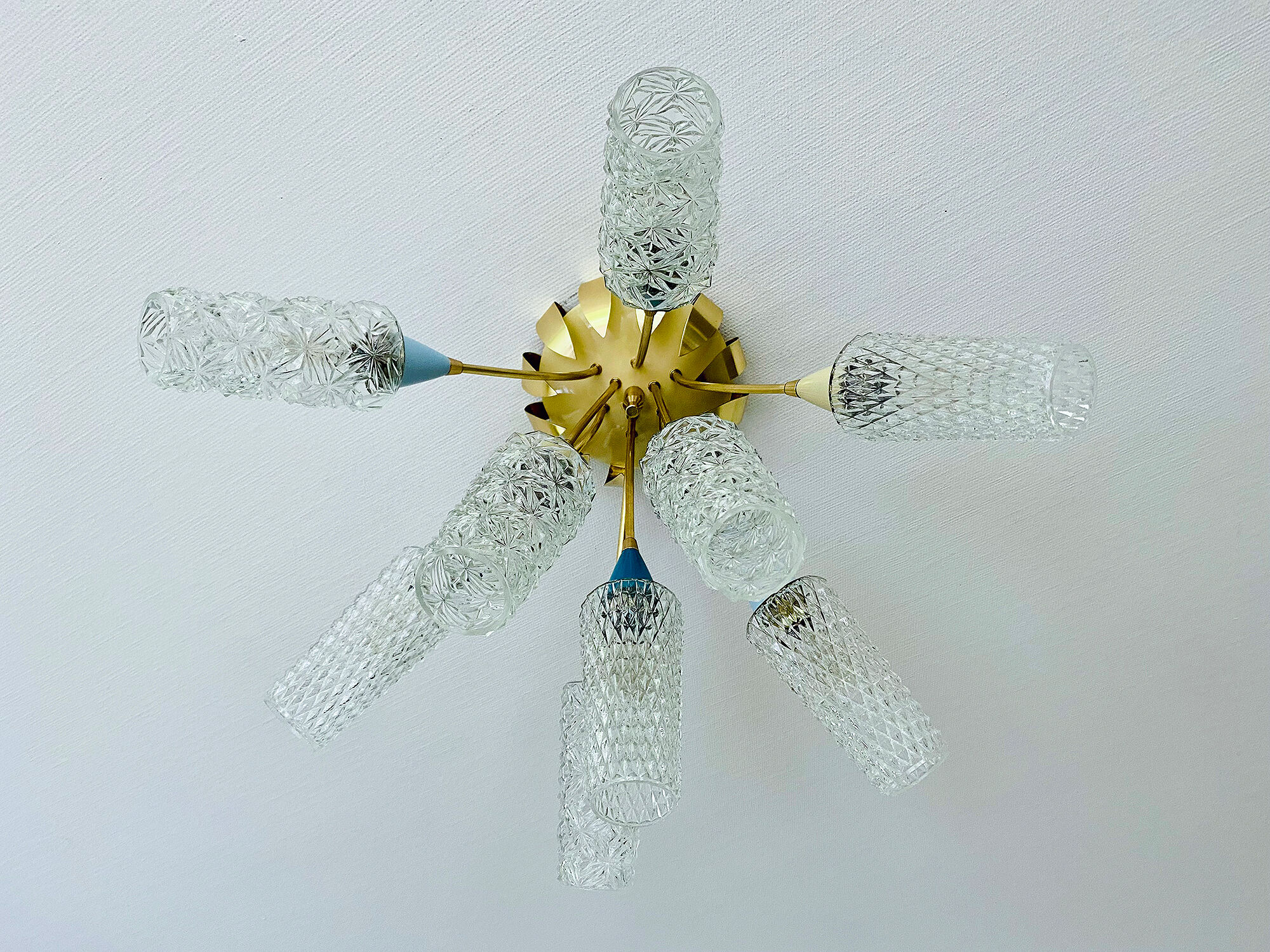 plafonnier lampe vintage, annees 50, verre laiton, bleu beige or