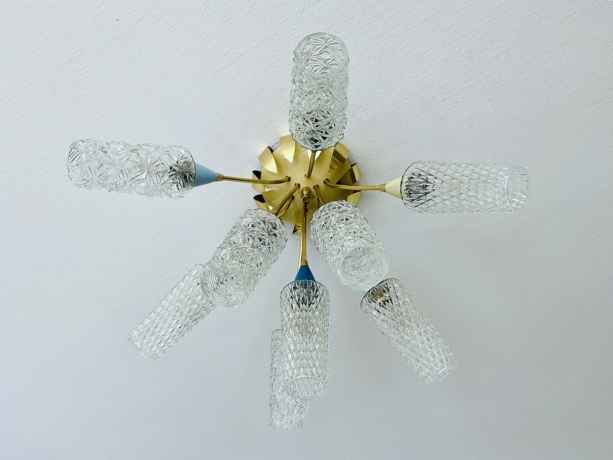 plafonnier lampe vintage, annees 50, verre laiton, bleu beige or