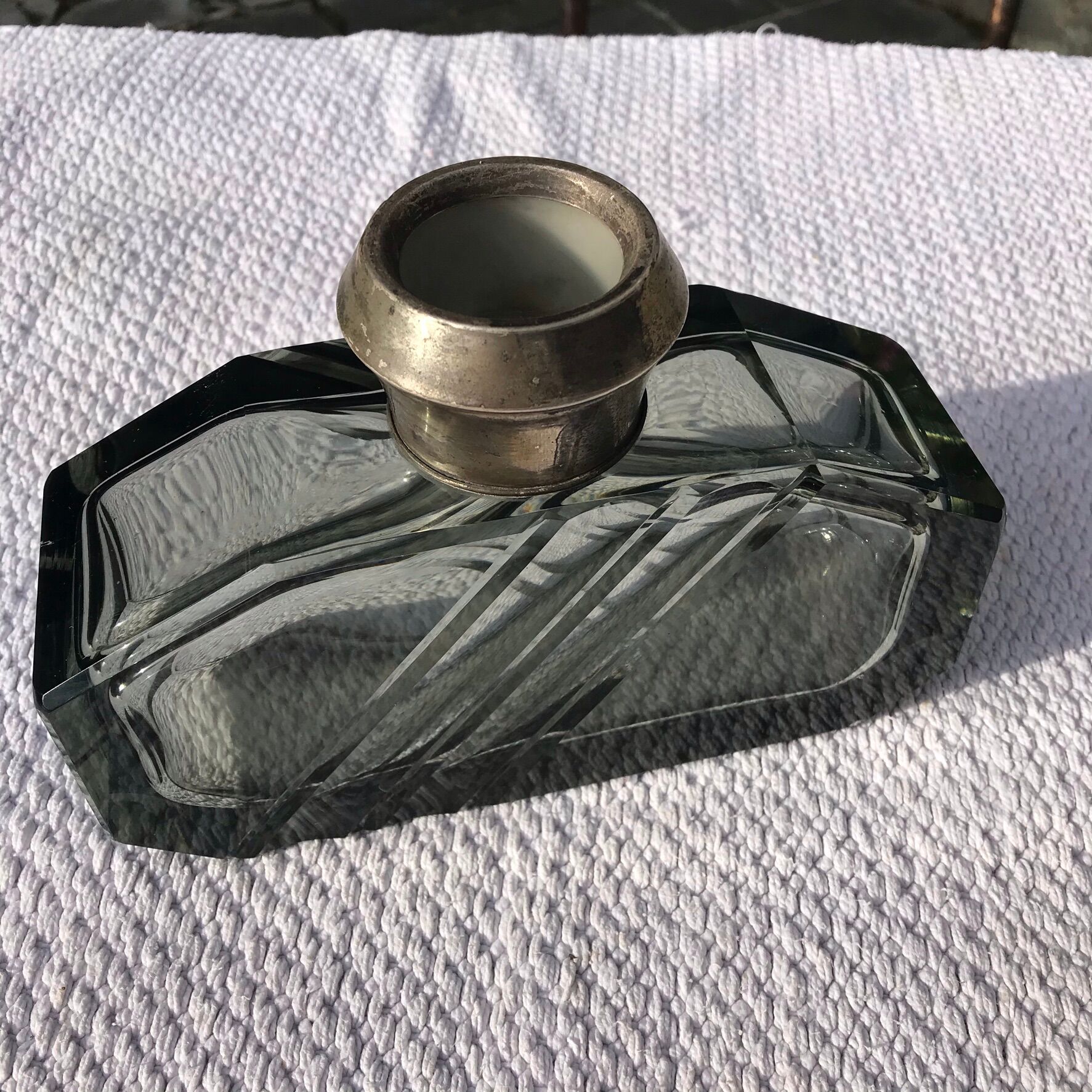 Art Deco smoked glass vase engraved silver metal collar