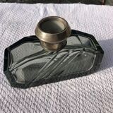 Art Deco smoked glass vase engraved silver metal collar