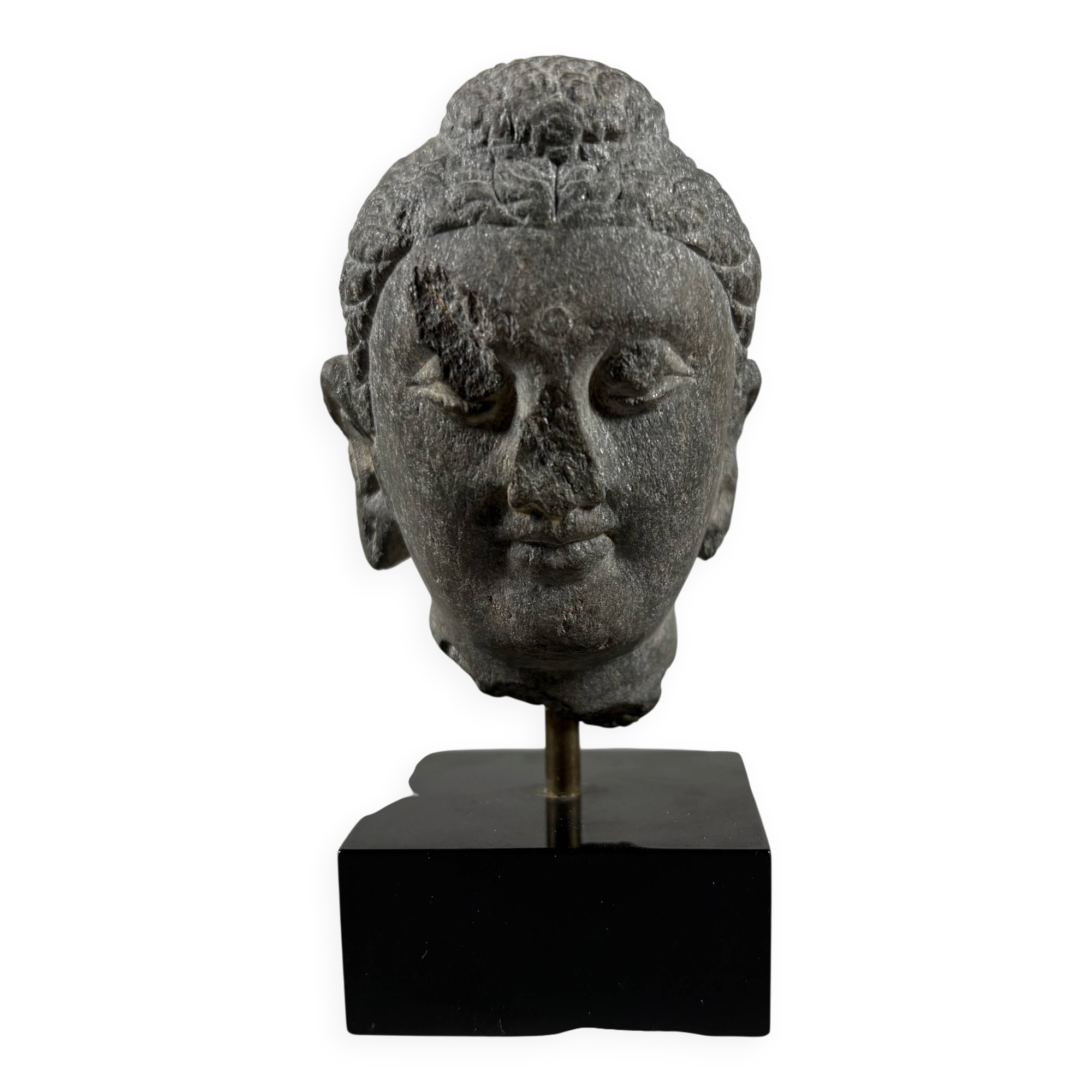 Sculpture of a Buddha head in grey schist from Gandhara, ancient Greece.