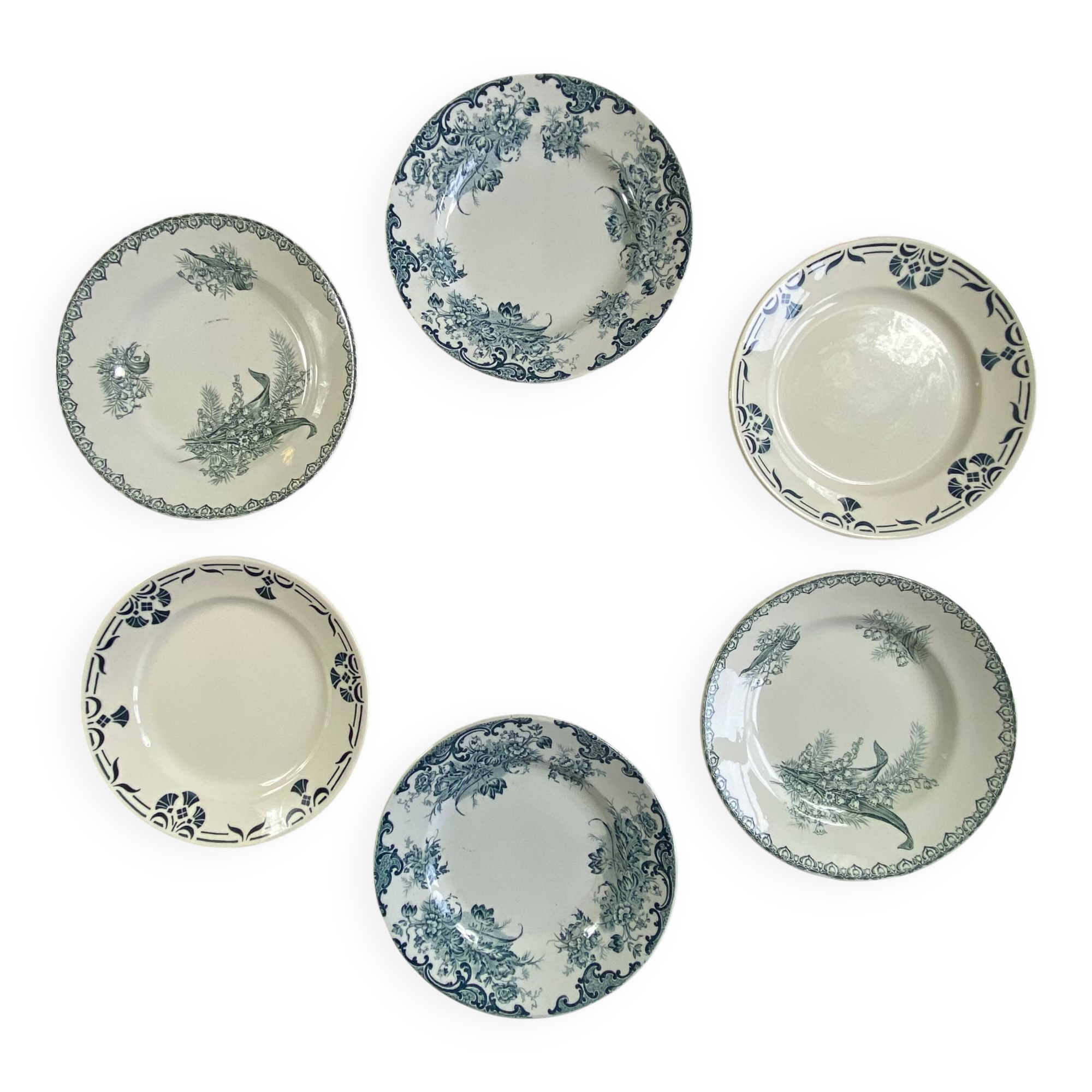 Set of 6 mismatched antique earthenware dinner plates