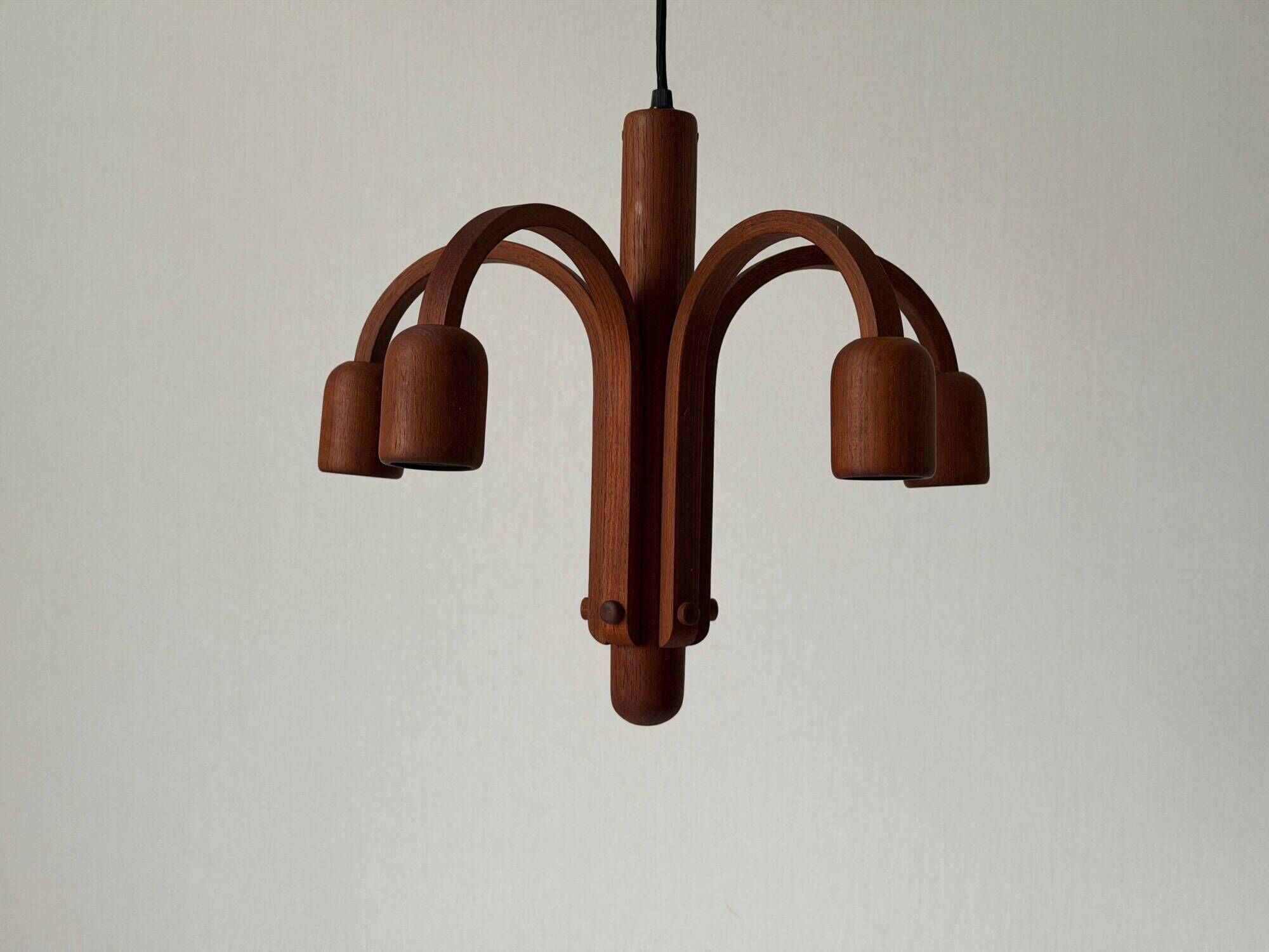 Suspended Sputnik counterweight lamp with 5 arms in teak by Domus, 1970s, Italy.