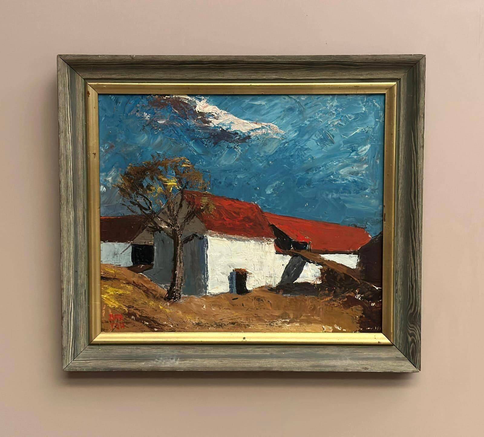 Huile sur panneau originale – “Barn” par Bartja Björklund – Vintage et encadrée