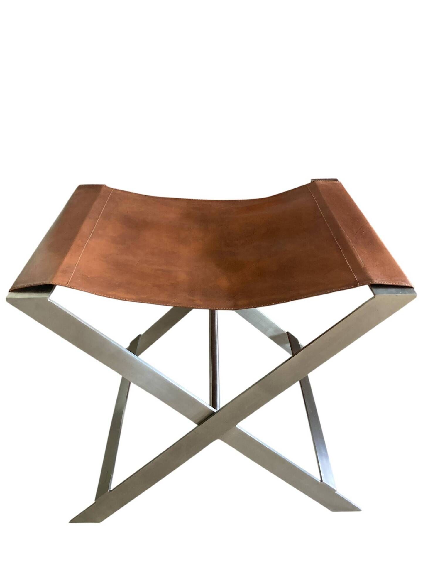 FOLDING STOOL KNOWN AS "PLOYANT" IN BRUSHED STEEL AND LEATHER, SIGNED AMAURY WATINE