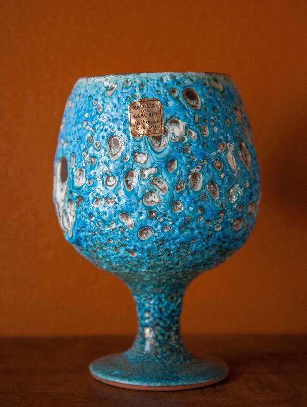 Fat Lava turquoise ceramic cup, blue crater ceramic vase, turquoise emaux, chalice, Cyclops
