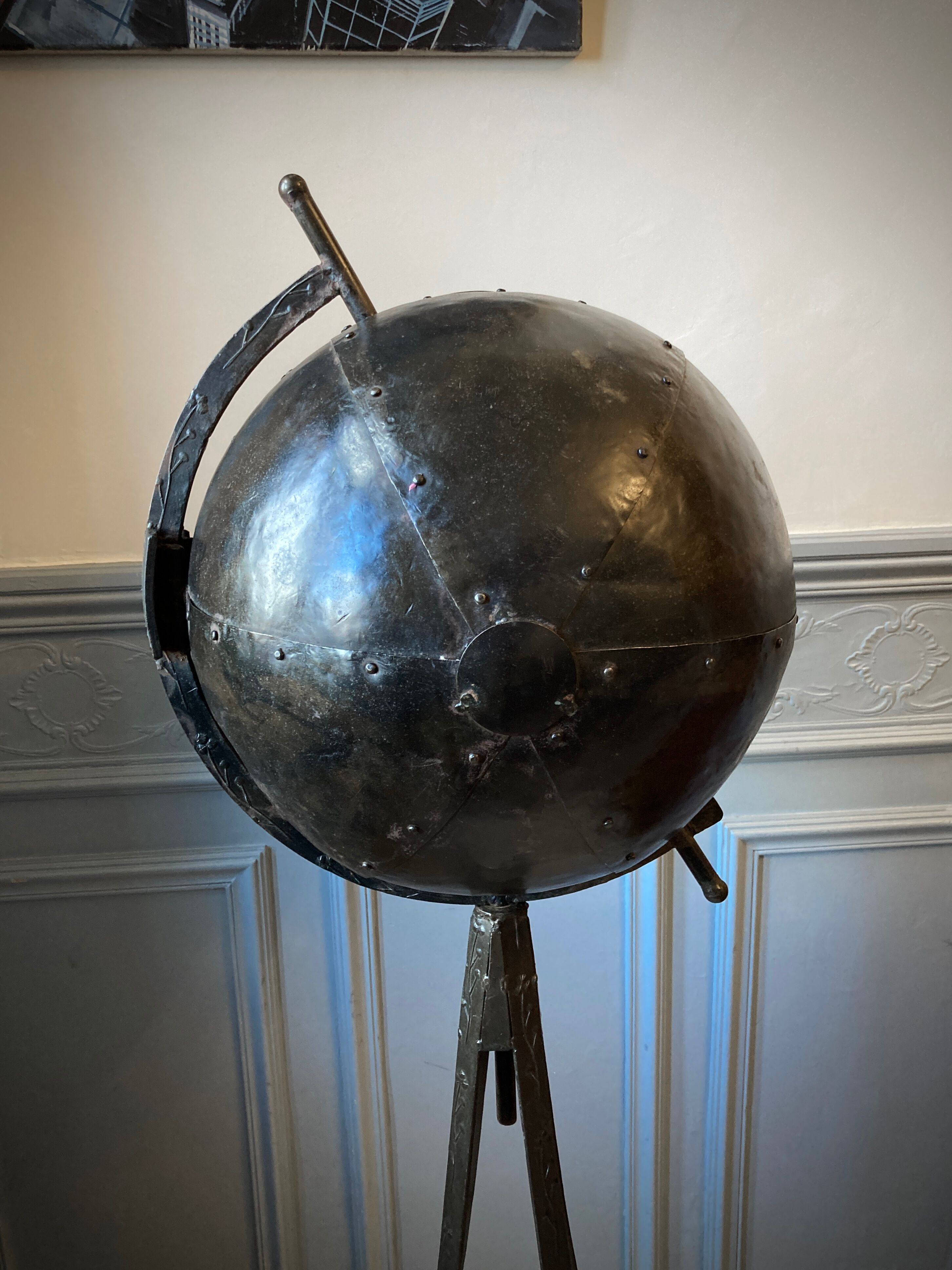 Atypical industrial furniture riveted sphere