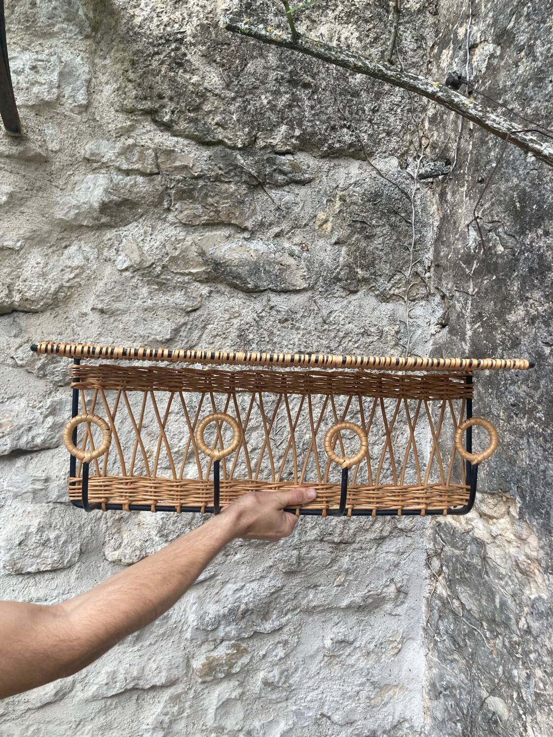 Vintage rattan wall coat rack