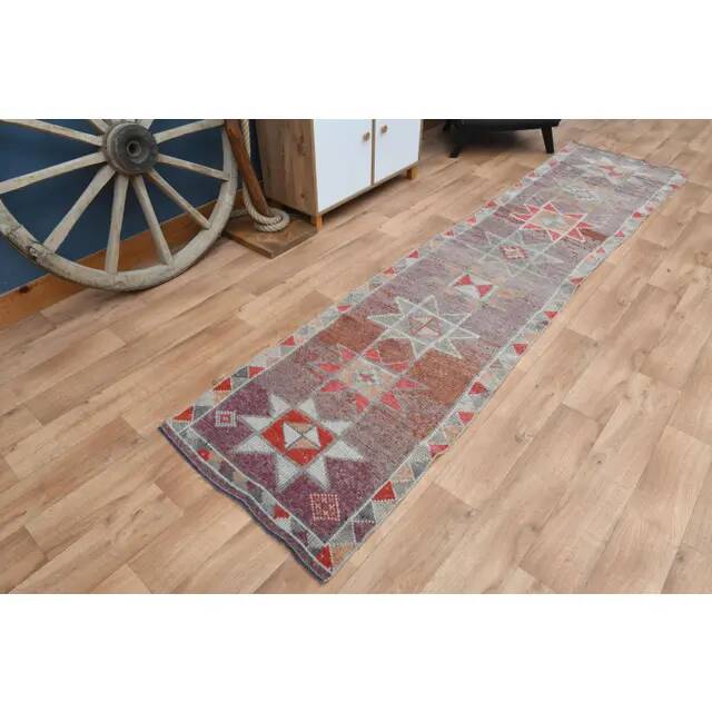 Rainbow Colorful Turkish Vintage Handmade Wool Runner Rug 86x358