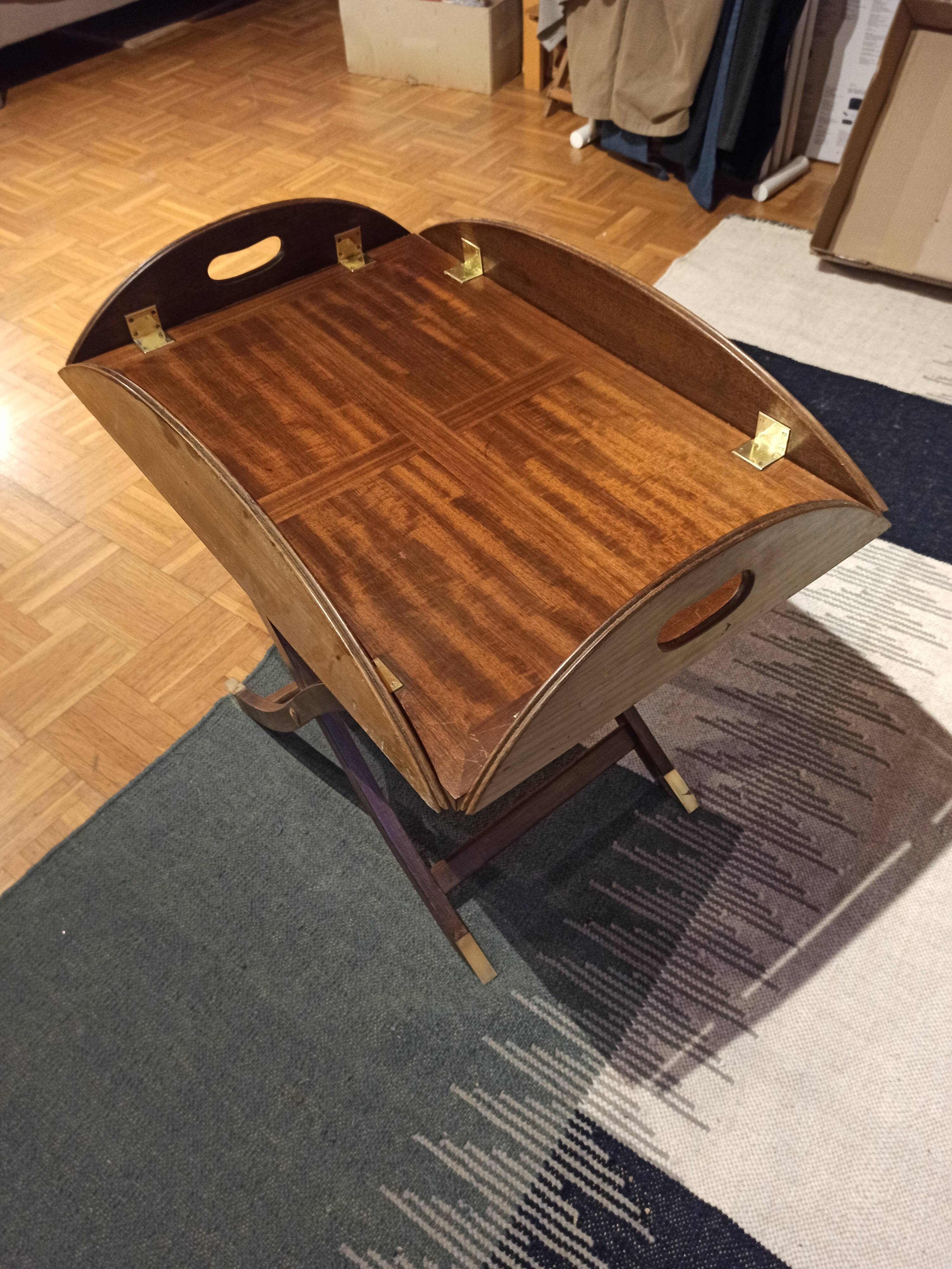 Folding coffee table type Butler marine boat wood and brass mahogany