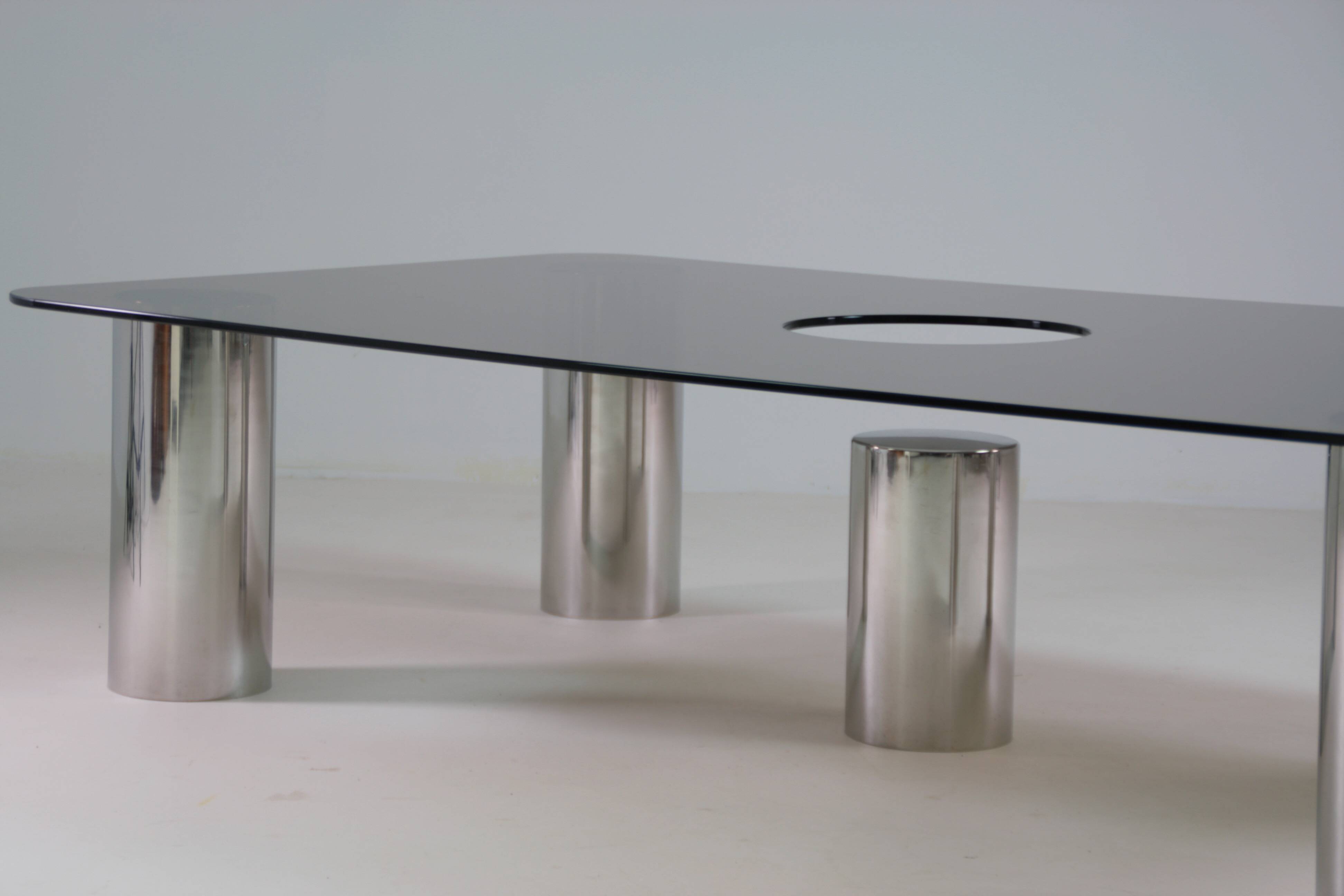 Large coffee table in chromed metal and smoked glass, Italy 1970