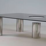 Large coffee table in chromed metal and smoked glass, Italy 1970