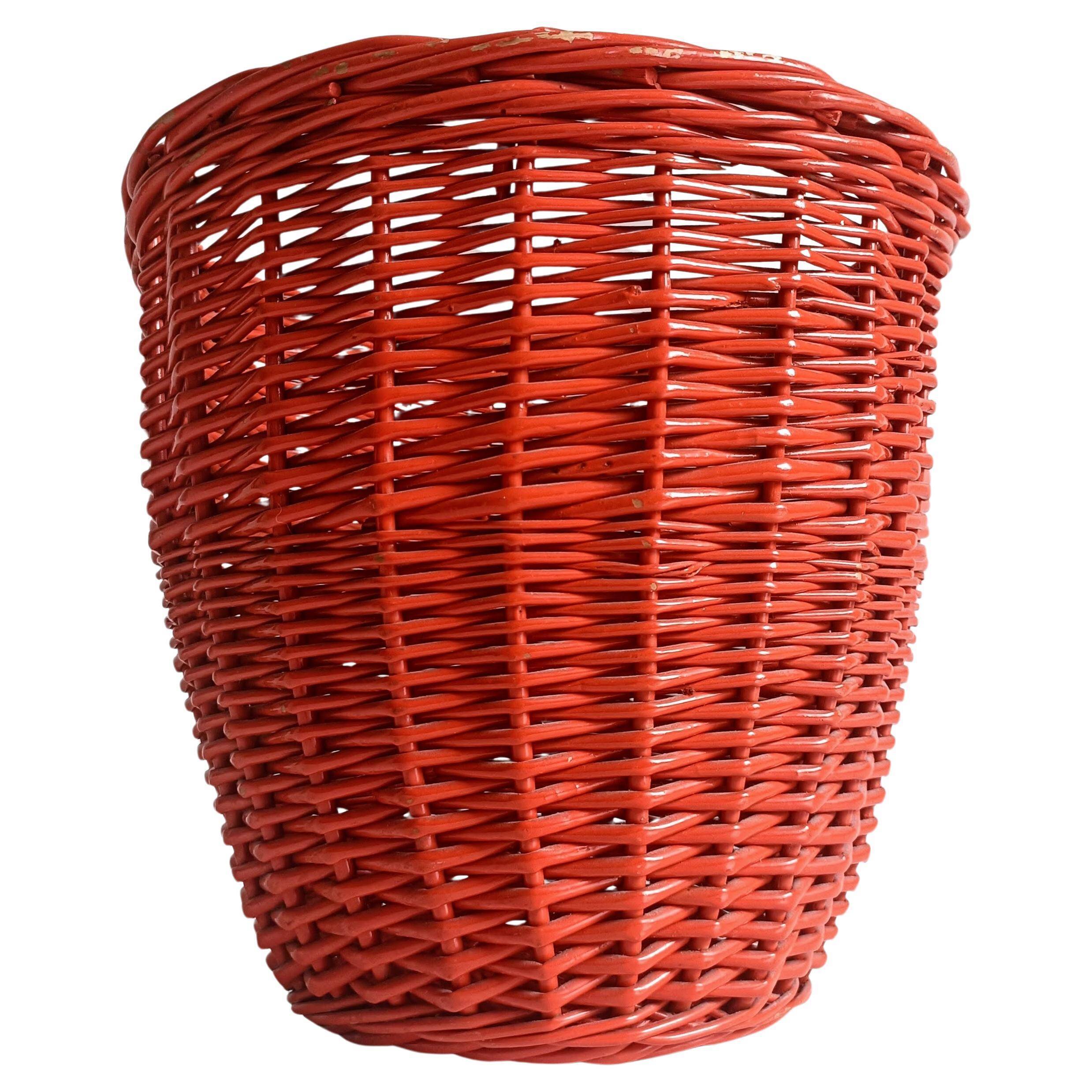 Bohemian Mid-Century Coral Red Wicker Basket, France, circa 1960s
