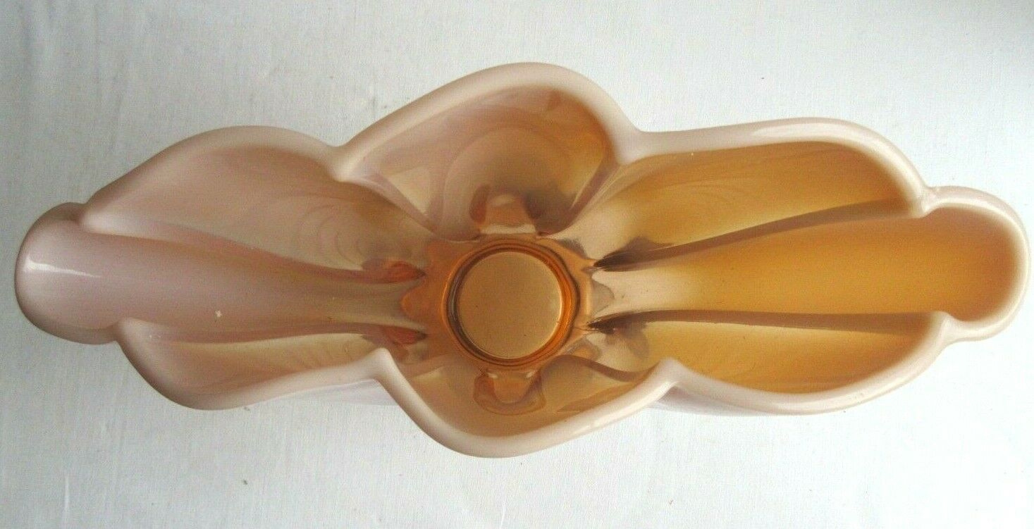 Art deco vase shape curved fan brown glass and pink opaline