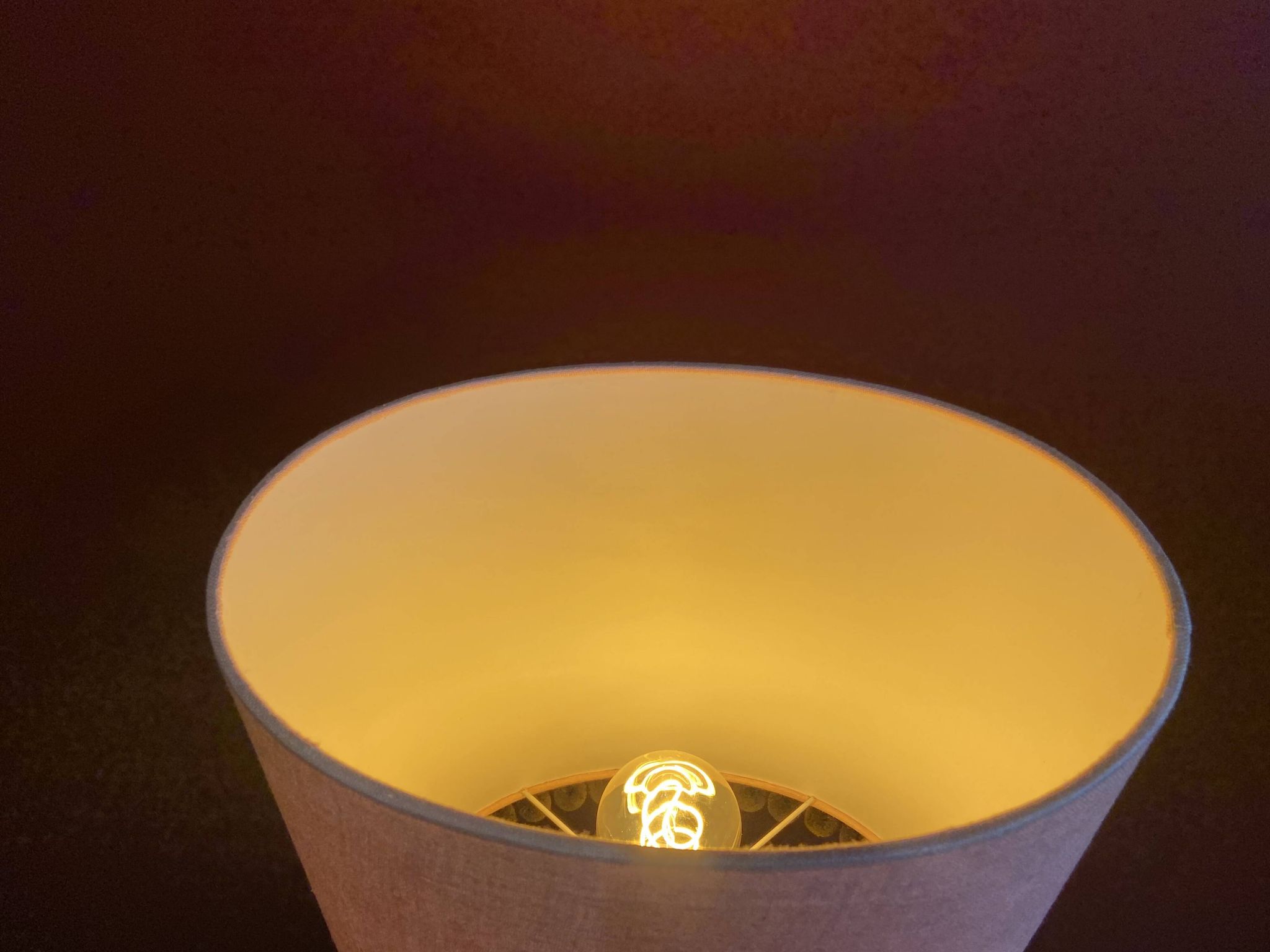 Copper "bouillotte" lamp with Ashoka Silk shade, pom-poms of c