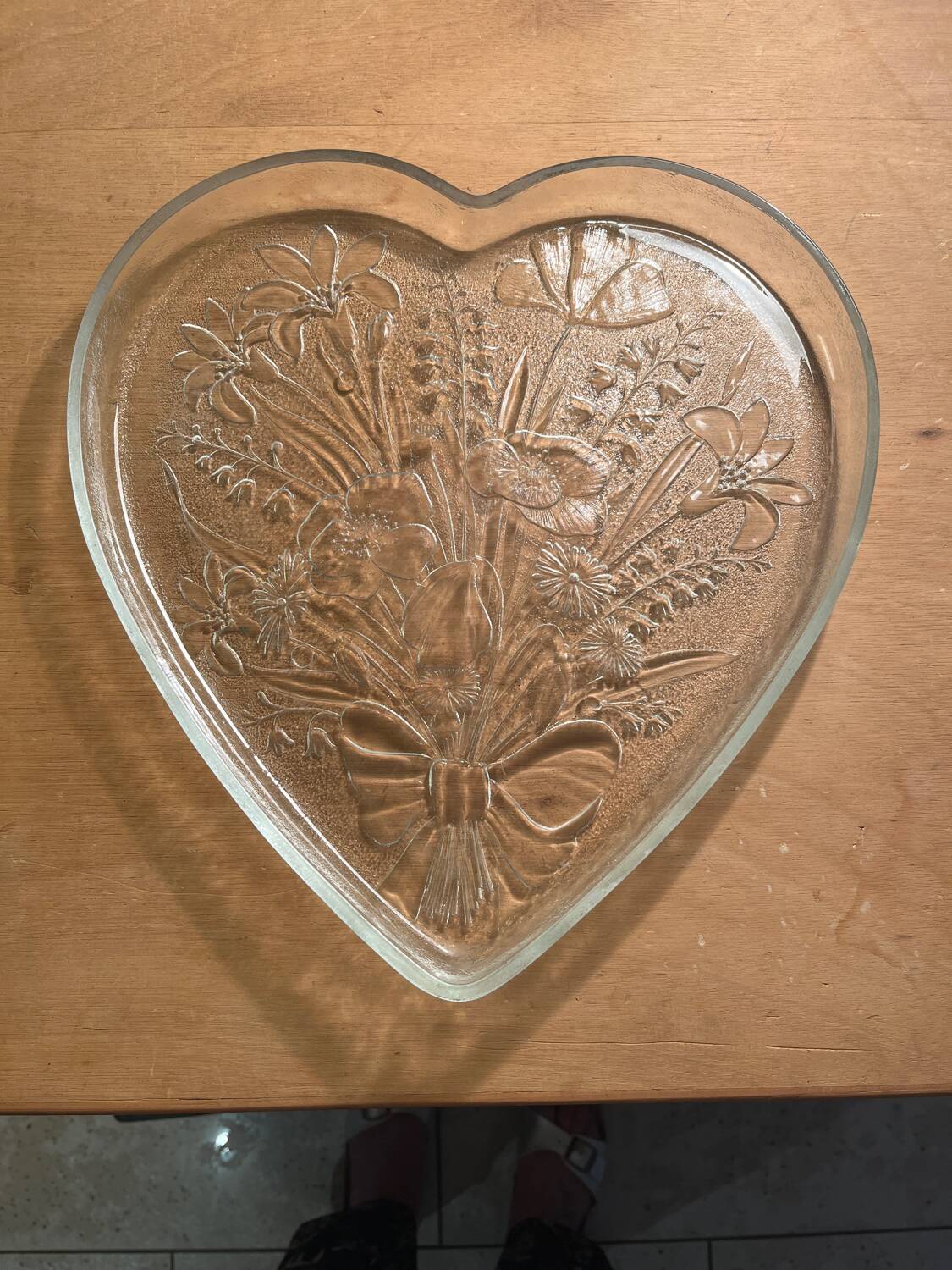 Vintage etched glass heart shaped dish with floral pattern