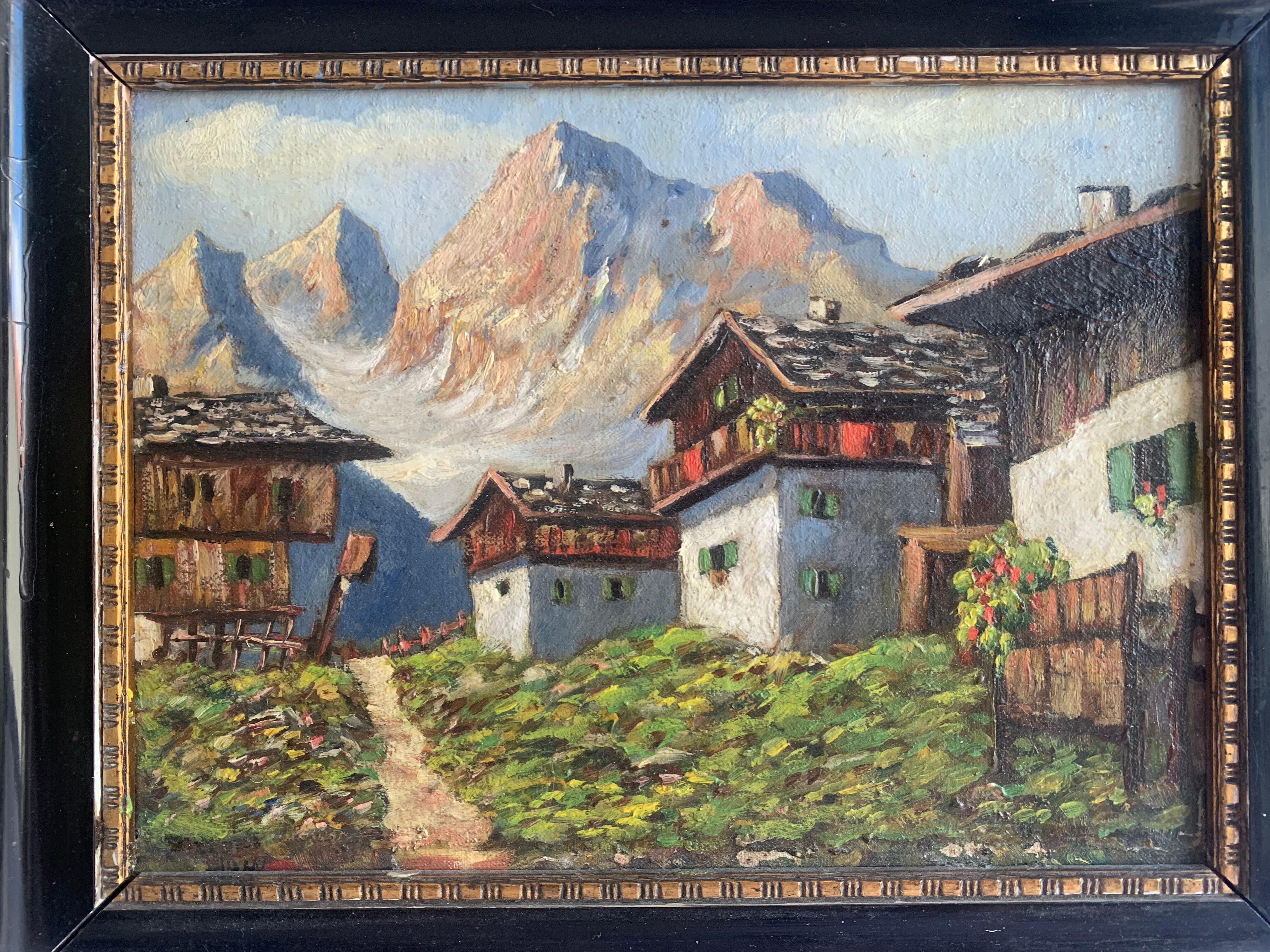 Alpine Village Antique oil painting