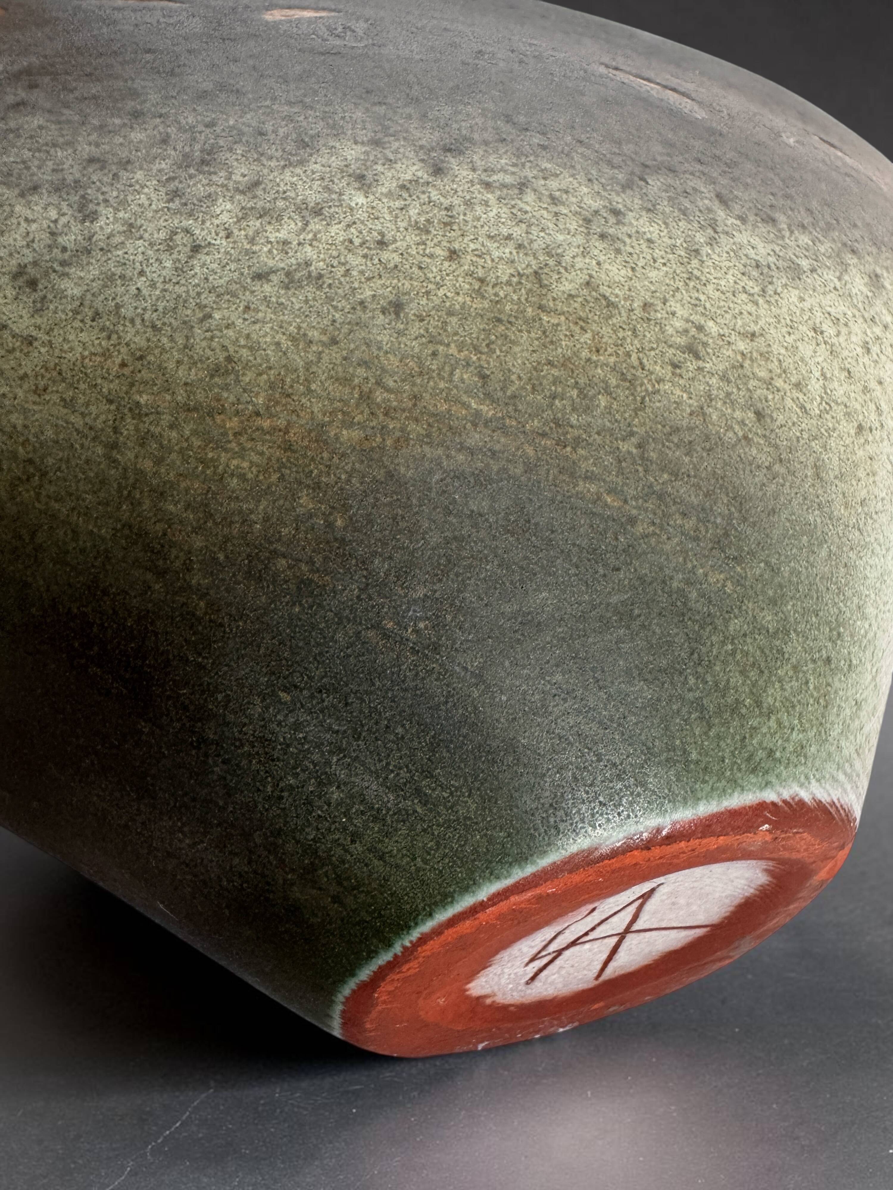 Antonio Lampecco shuttle vase, glazed grey-green ceramic, signed.