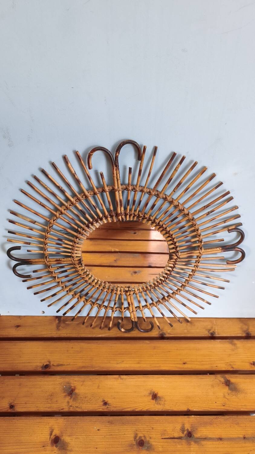 Sun mirror in rattan and bamboo: vintage 1960s