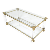 Table basse rectangulaire en verre avec cadre en laiton et verre acrylique