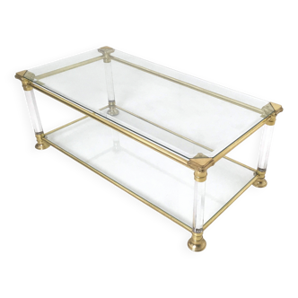 Table basse rectangulaire en verre avec cadre en laiton et verre acrylique