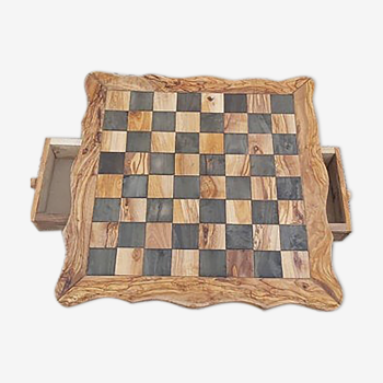 Table d'échecs en bois d'olivier échiquier avec tiroirs