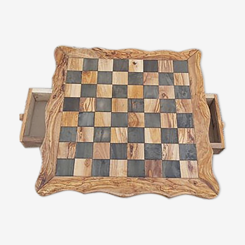 large chess table made of olive wood, chessboard with drawers