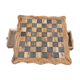 large chess table made of olive wood, chessboard with drawers