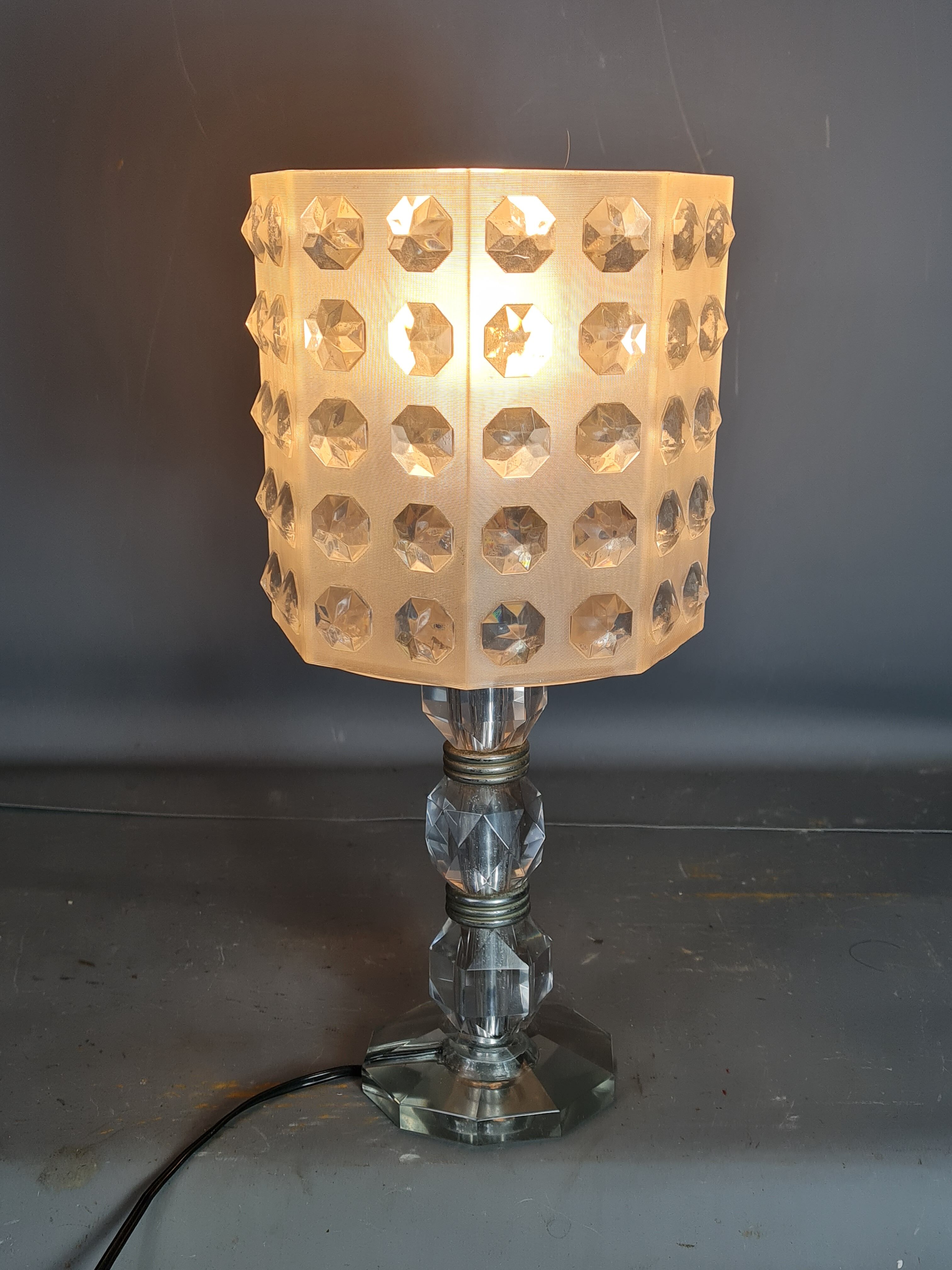 Table lamp foot glass & diamond plastic lampshade Vintage 50-60