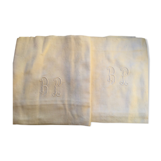 Paire de serviettes anciennes monogrammes blanches