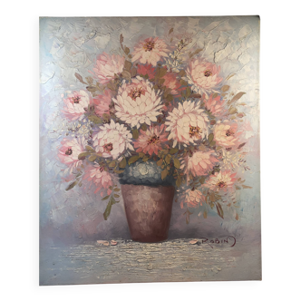Oil on canvas, Bouquet of peonies, signed Robin