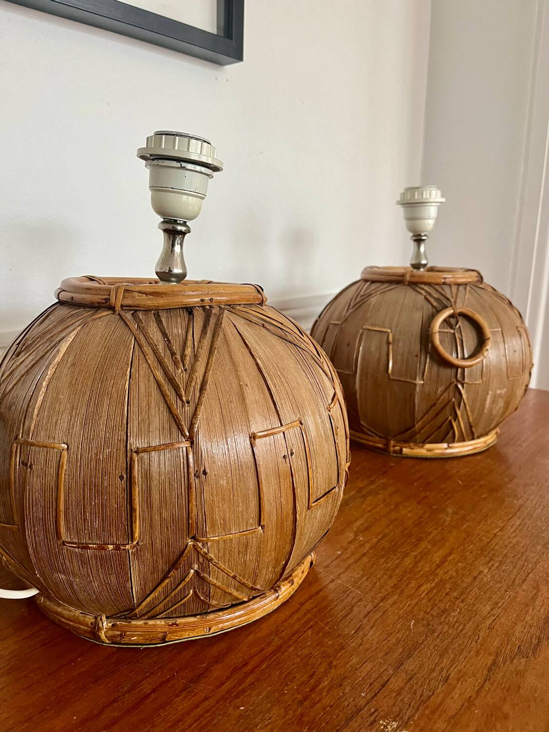 Pair of vintage rattan ball lamp bases
