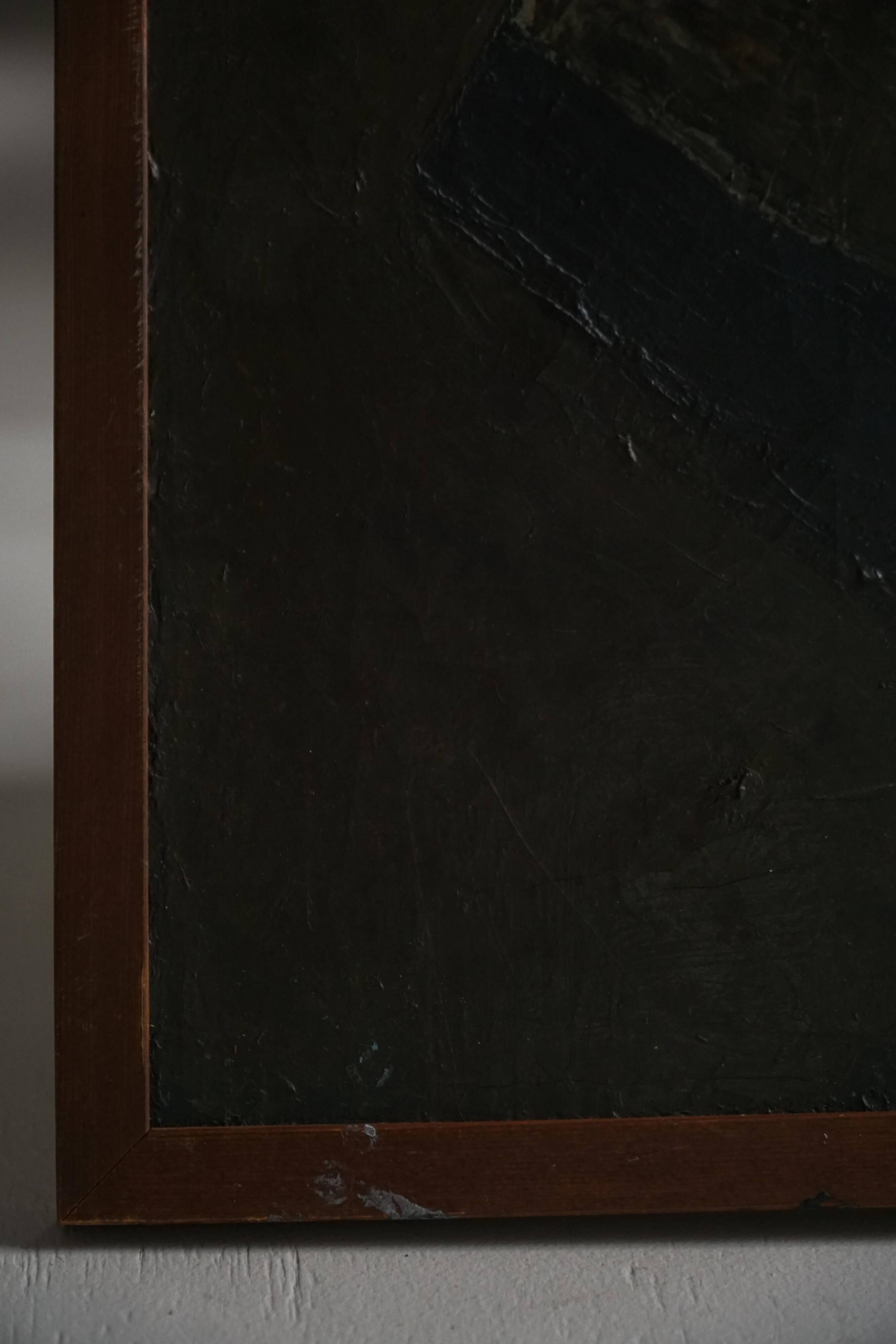 Mid-century pastel oil abstract painting, Danish artist, patinated wooden frame.