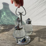 Silver-plated metal and glass salt and pepper shakers