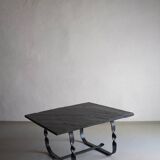 Table basse en métal forgé et pierre noire | Brutaliste | France | Années 1970