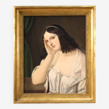 Tableau italien ancien portrait de jeune femme du 19ème siècle