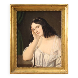 Tableau italien ancien portrait de jeune femme du 19ème siècle