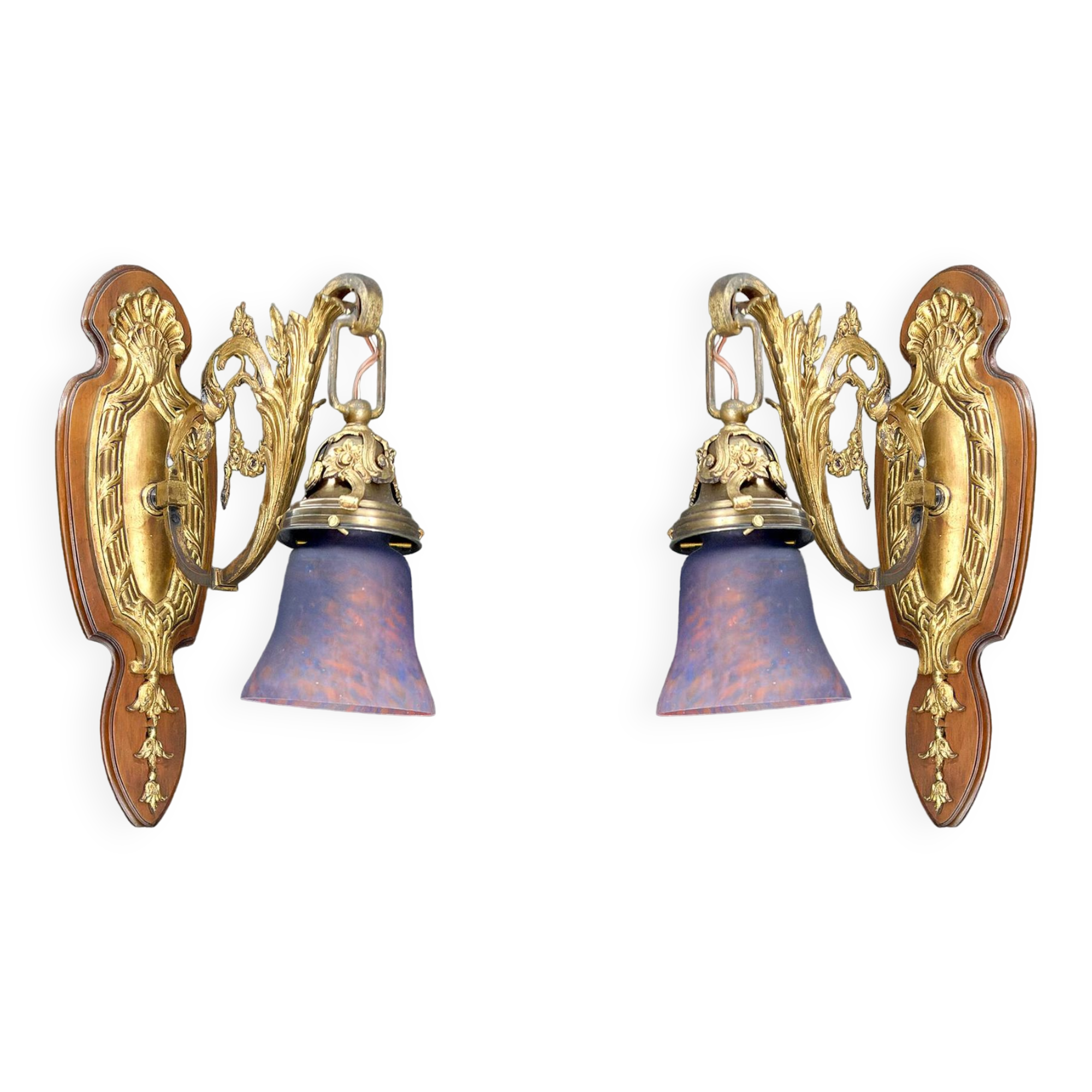 Pair of Rococo / Louis XV wall lights in gilded bronze, walnut bases and glass tulips, France, Circ