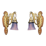 Pair of Rococo / Louis XV wall lights in gilded bronze, walnut bases and glass tulips, France, Circ