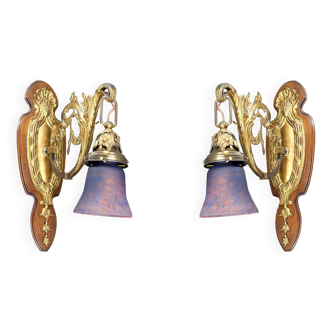 Pair of Rococo / Louis XV wall lights in gilded bronze, walnut bases and glass tulips, France, Circ
