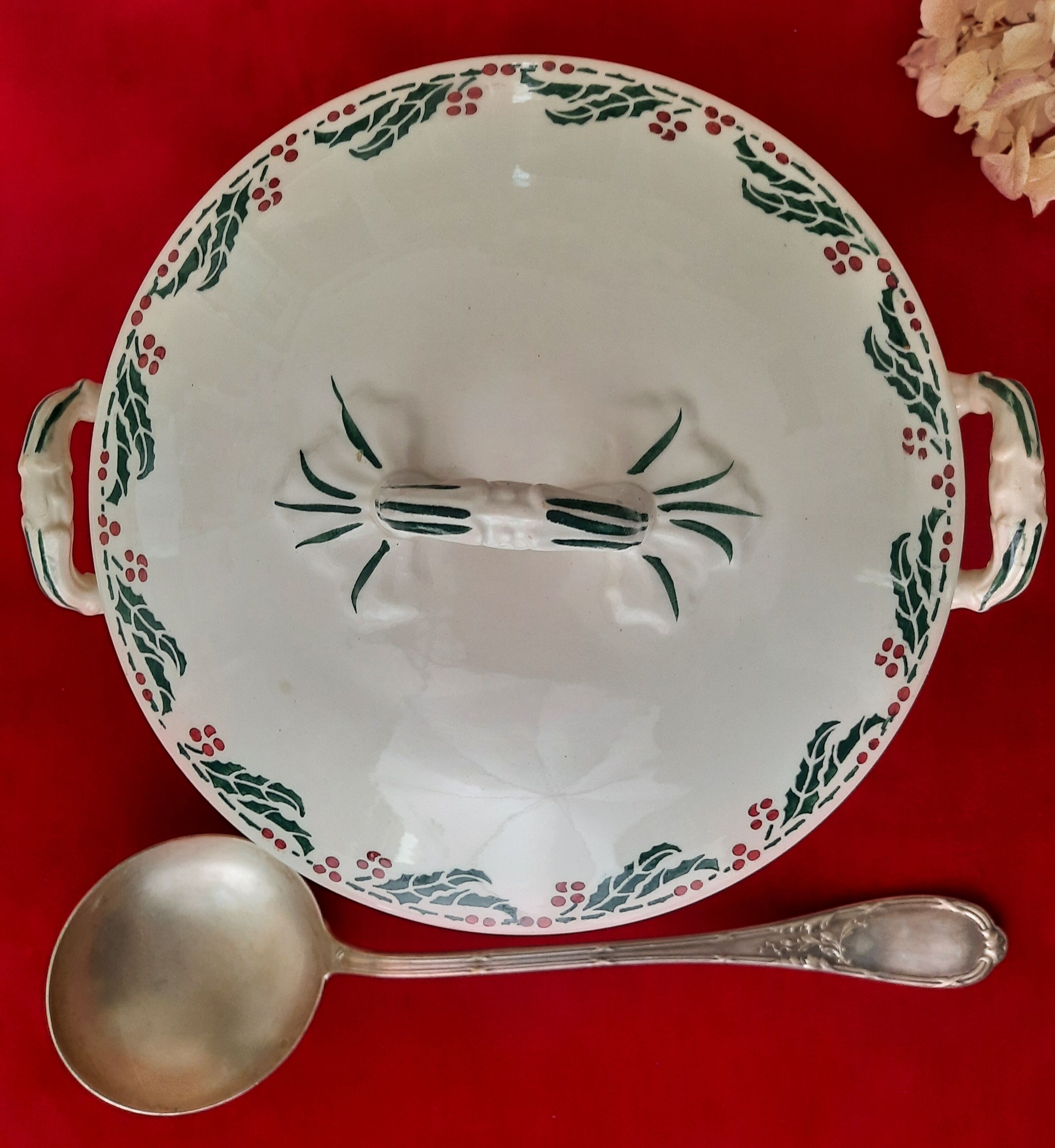 Flat, dessert, hollow plates and tureen in old earthenware