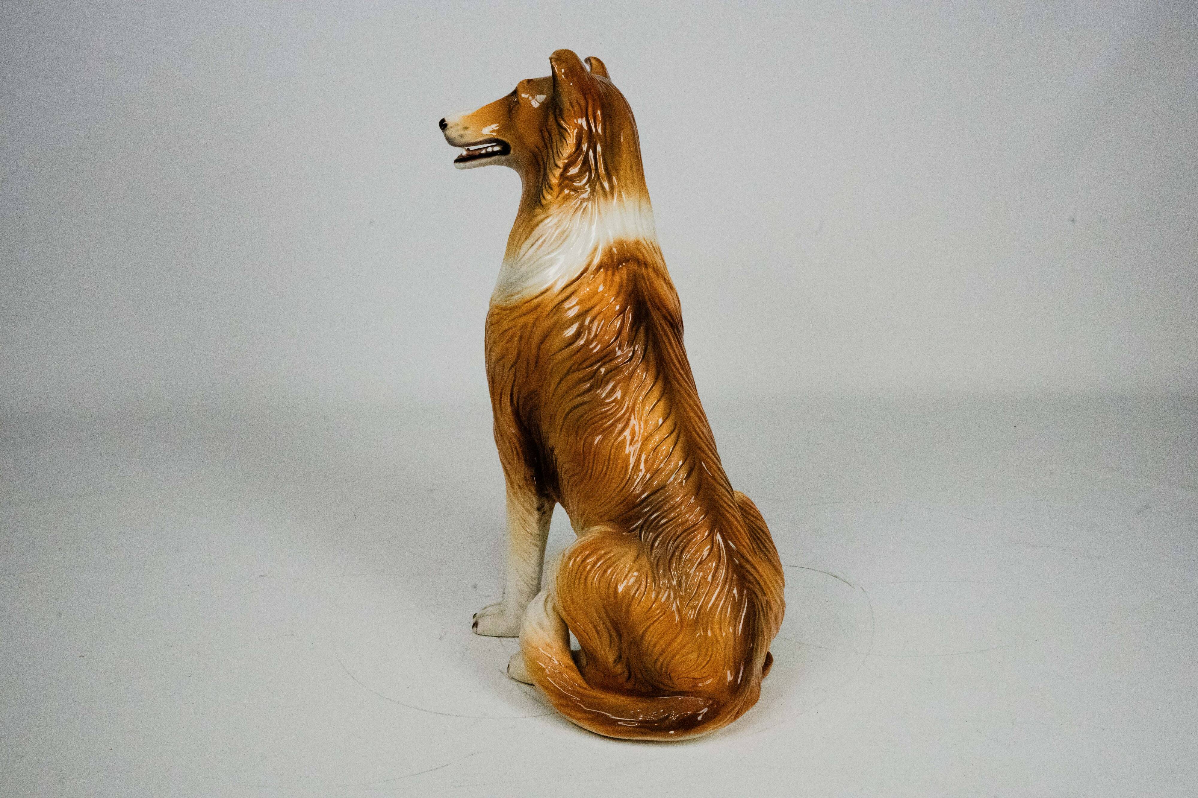 Large Italian Ceramic Sitting Collie Dog Sculpture, 1970s