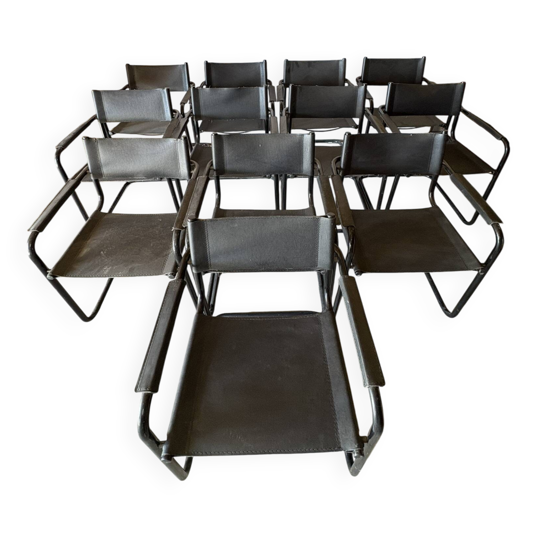 Set of 12 vintage black leather and tubular steel chairs – Italy, year