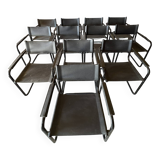 Set of 12 vintage chairs in black leather and tubular steel – Italy, 1970s