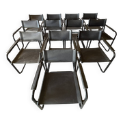 Set of 12 vintage black leather and tubular steel chairs – Italy, year