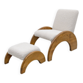 Ensemble de fauteuil et repose-pieds en bois courbé et bouclé ivoire