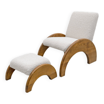 Lounge Chair and Ottoman Set in Curved Wood and Ivory Bouclé