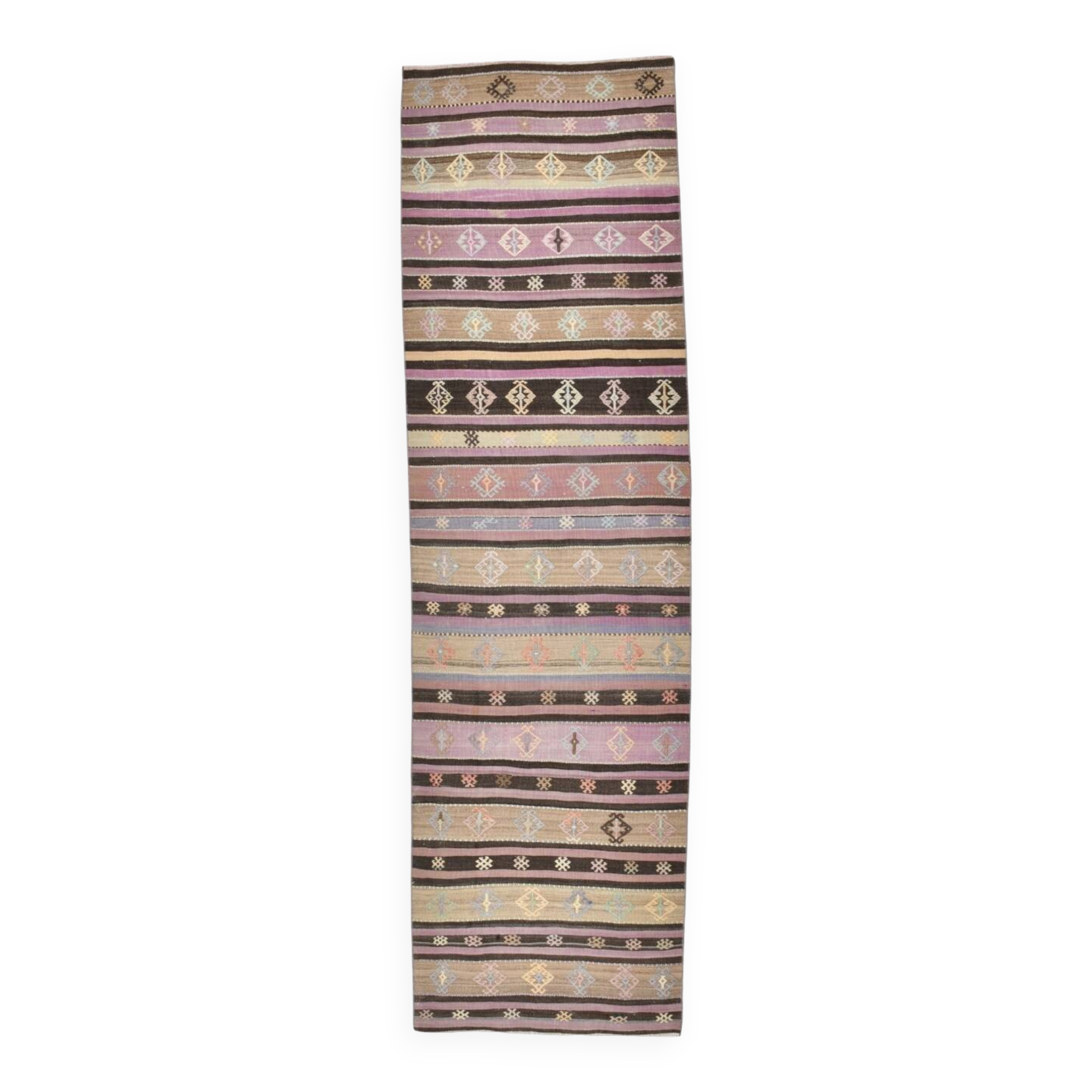 3x10 Pastel Pink & Brown Striped Kilim Runner Rug, 90x315Cm